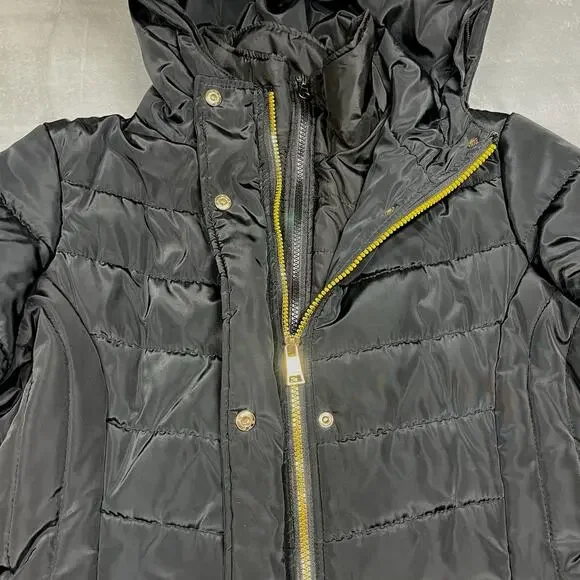 Bebe Long Black Puffer Coat Belted Gold Accents Womens L Double Zipper Hooded - Picture 4 of 16